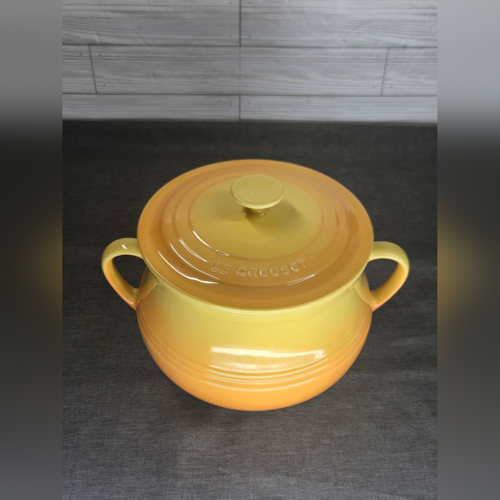 Vintage Le Creuset Yellow Ceramic Pottery Dutch Oven with Loop Handle Lid – M